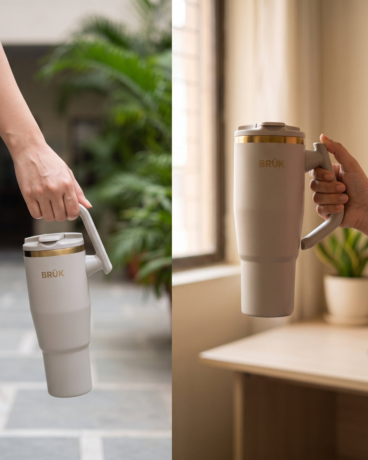 A split-screen lifestyle image showing a person's hand holding a light beige travel mug with a gold band and gold 'BRÜK' logo. The left side shows the mug being held outdoors near green plants, and the right side shows it held indoors near a window and table.