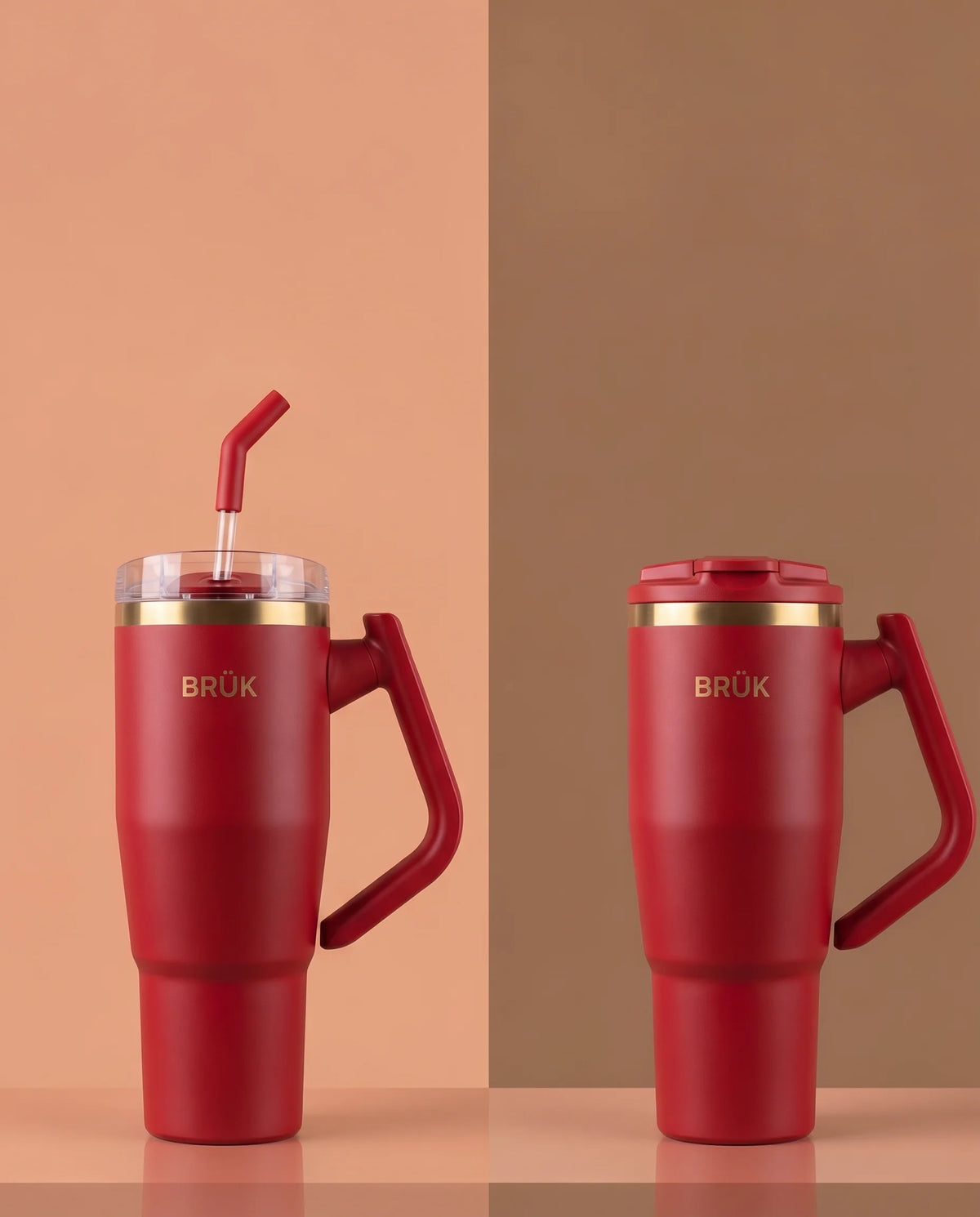 Two views of the BRÜK Signature 1.2L Tumbler in Red, one with the clear straw lid and one with the flip lid closed.