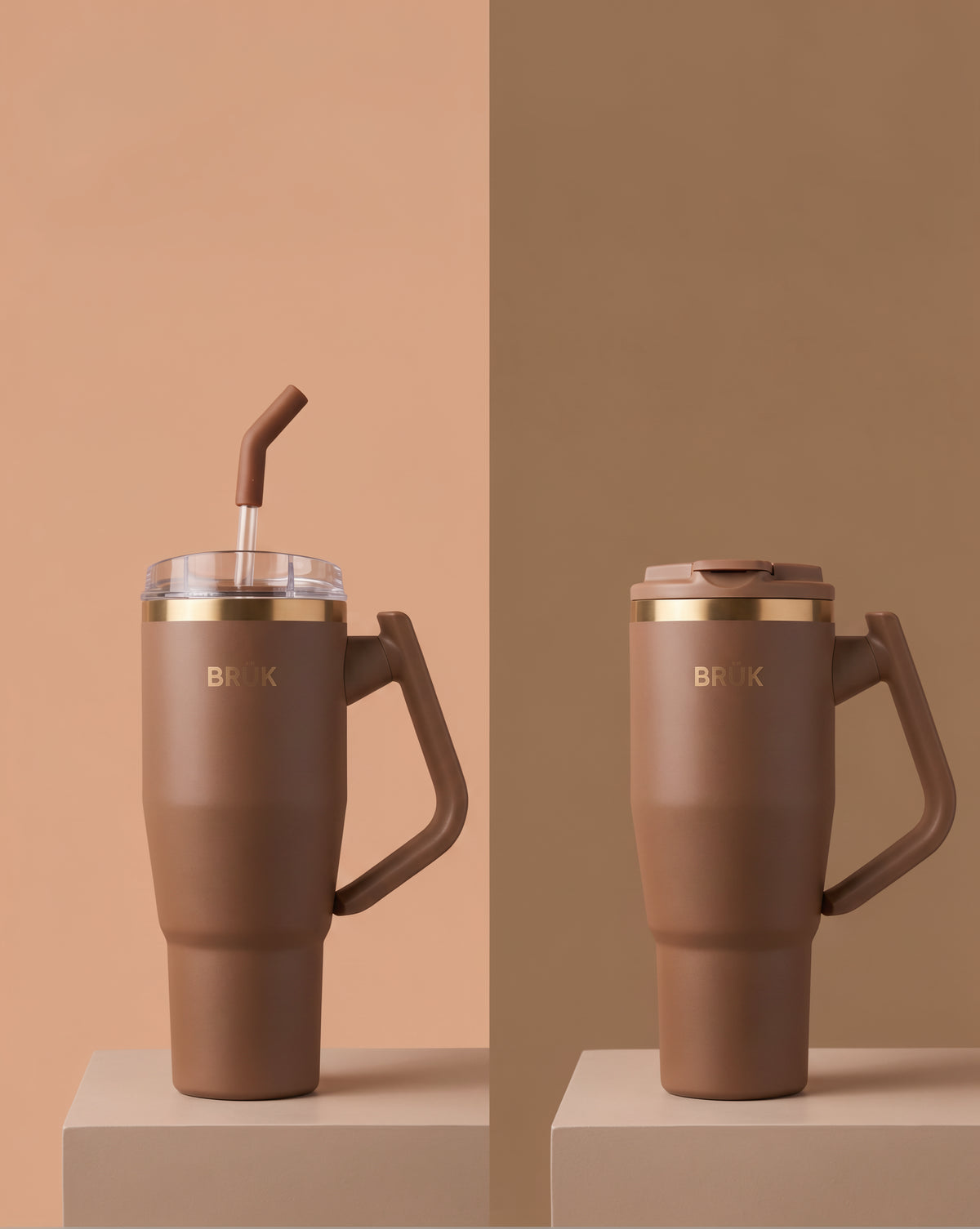 Two views of the BRÜK Signature 1.2L Tumbler in Cocoa on beige pedestals, one with the clear straw lid and one with the flip lid closed.