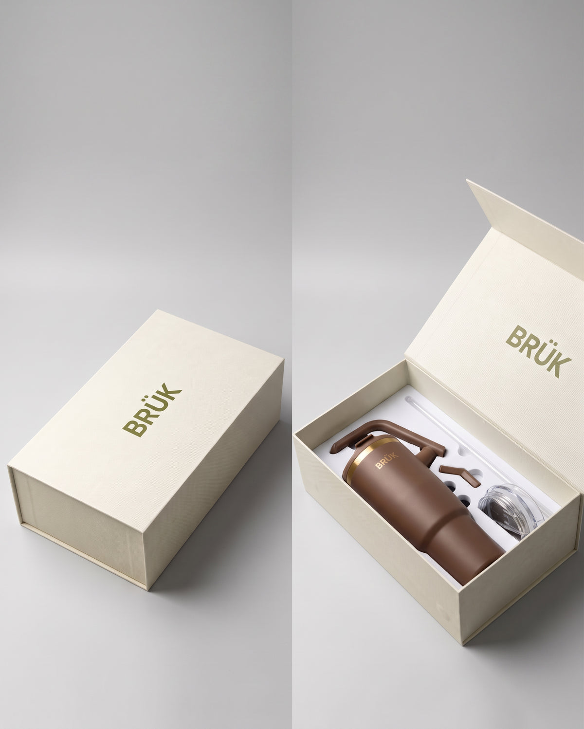 The BRÜK Signature 1.2L Tumbler in Cocoa shown in its closed and open cream gift box with accessories.