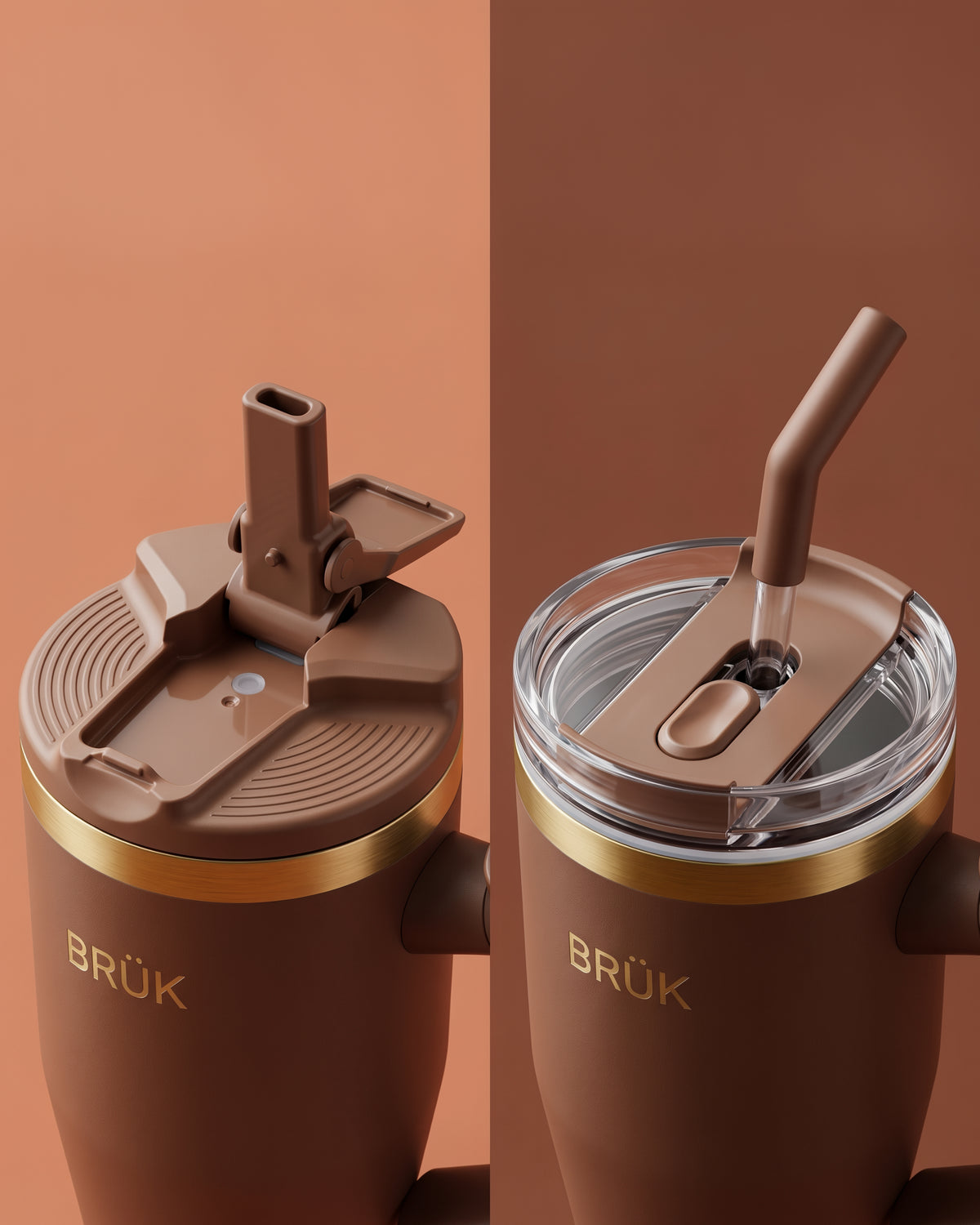 A close-up studio product shot of a brown insulated tumbler with a clear lid and straw, shown in two views against a warm brown background. The tumbler has a metallic gold band near the top and the brand name BRÜK printed in gold on the front.