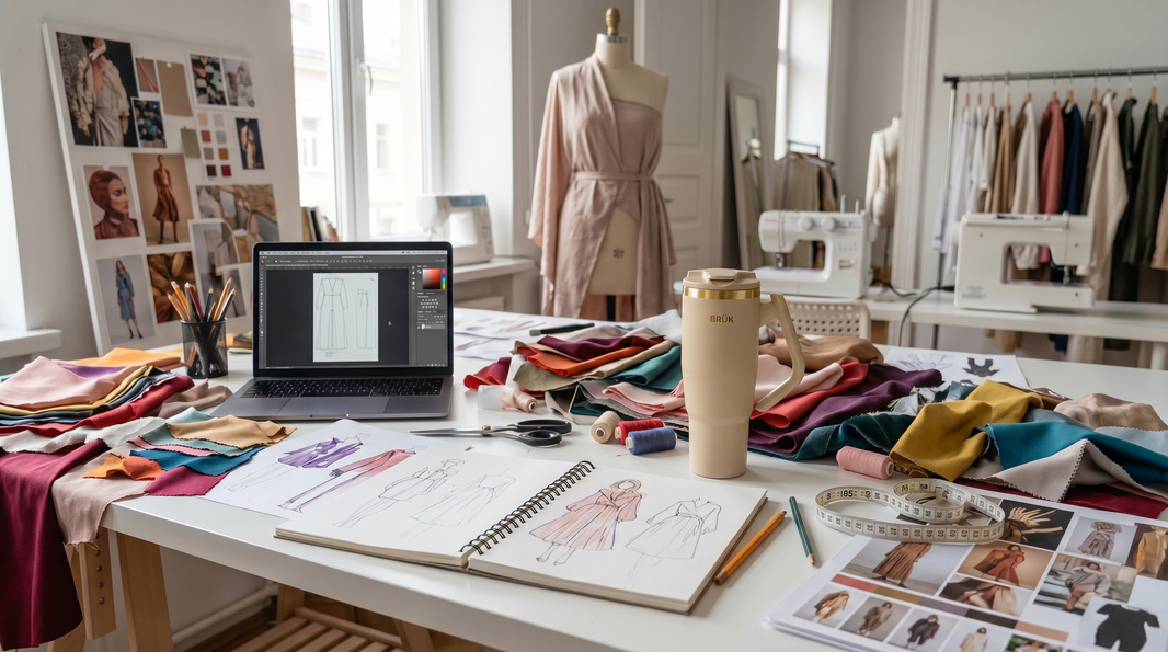 BRÜK Signature 40oz insulated tumbler in Beige on a fashion designer's studio desk alongside fabric swatches, sketches, and a laptop, representing intentional design for India's modern creative professionals.