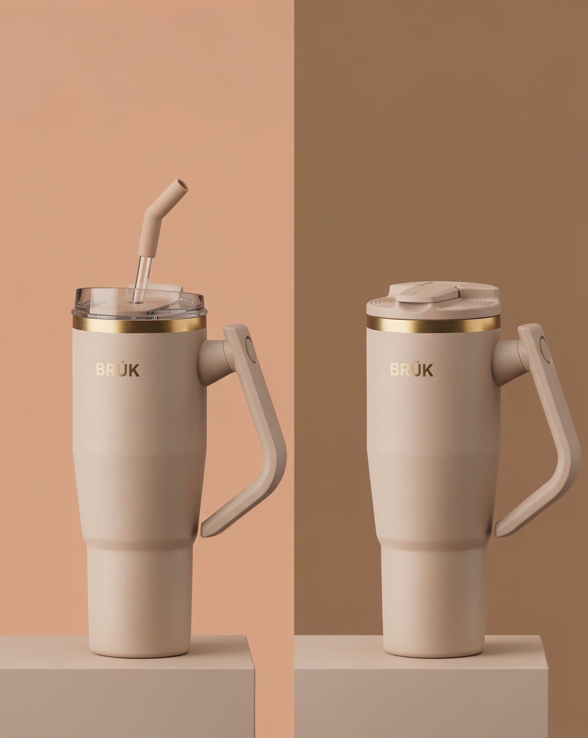 Two views of a beige insulated travel tumbler with a handle, gold band, and lid, shown on pedestals against a split peach and taupe background. One view includes a clear lid with a bent straw, and the other shows the lid closed.