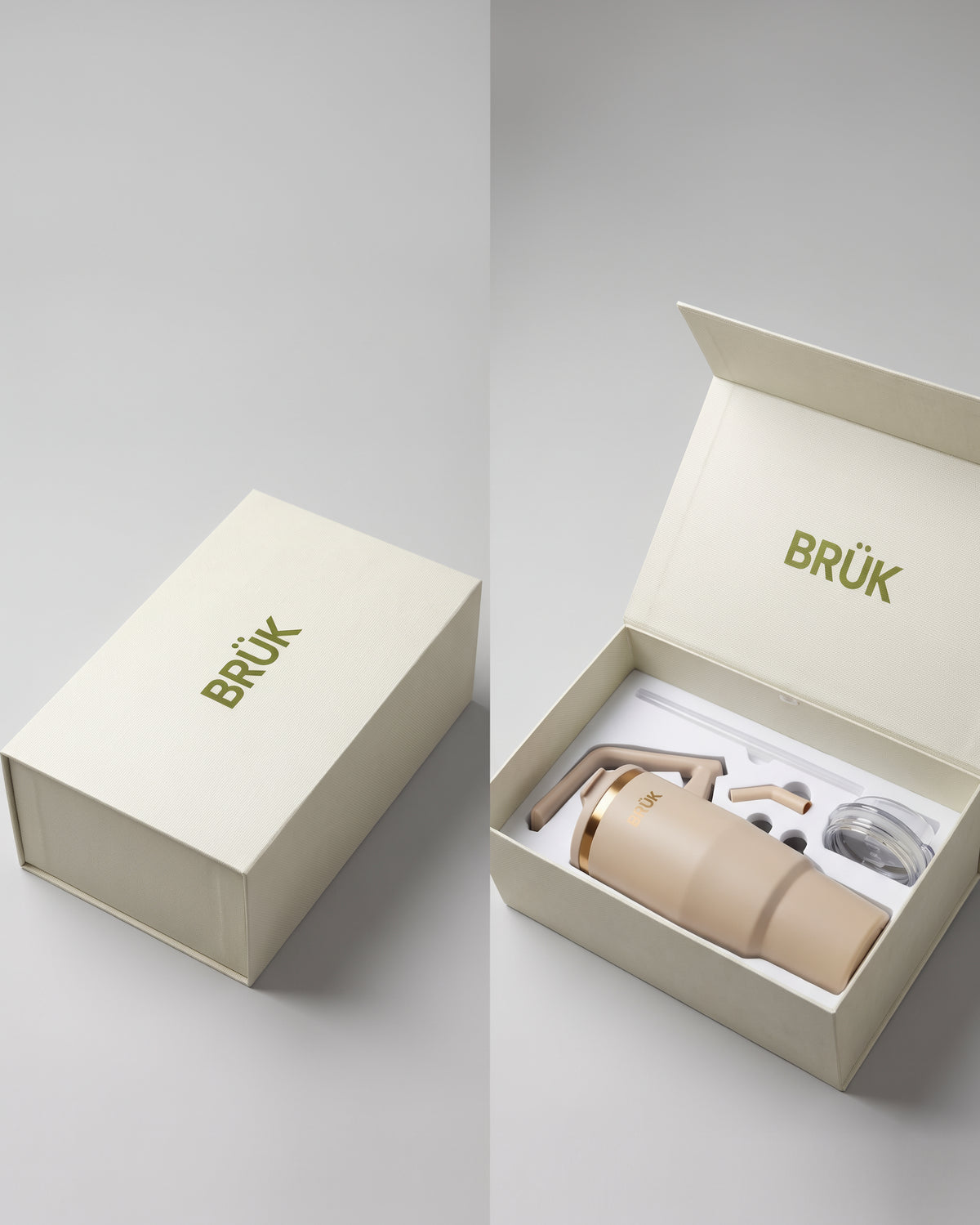 The BRÜK Signature 1.2L Tumbler in Beige inside its open cream gift box with the straw lid and accessories.