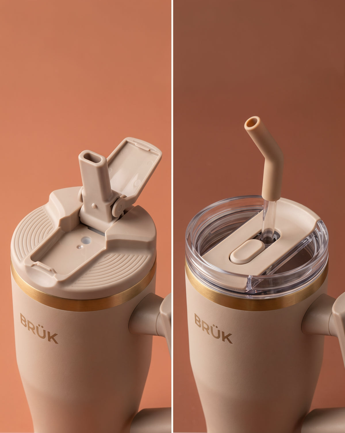 A split close-up of the BRÜK Signature 1.2L Tumbler in Beige with the clear straw lid, shown from two angles on a warm terracotta background.