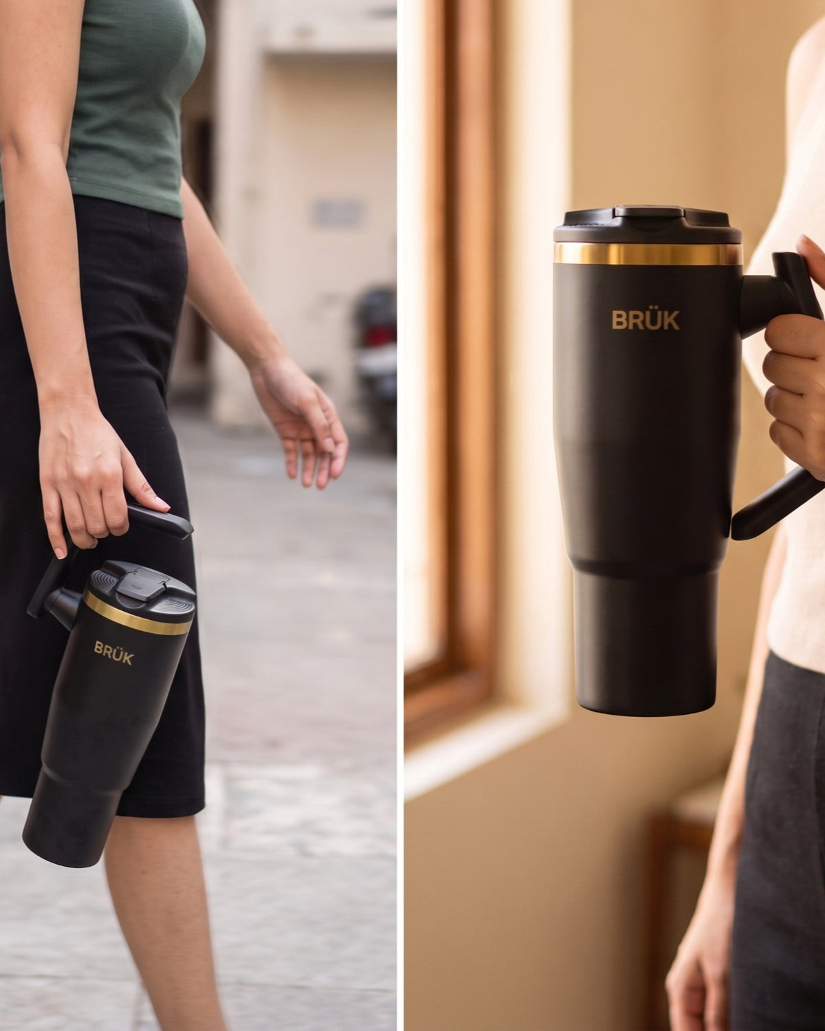 Split image of the BRÜK Signature 1.2L Tumbler in Black, carried by its handle outdoors and held indoors by a window.