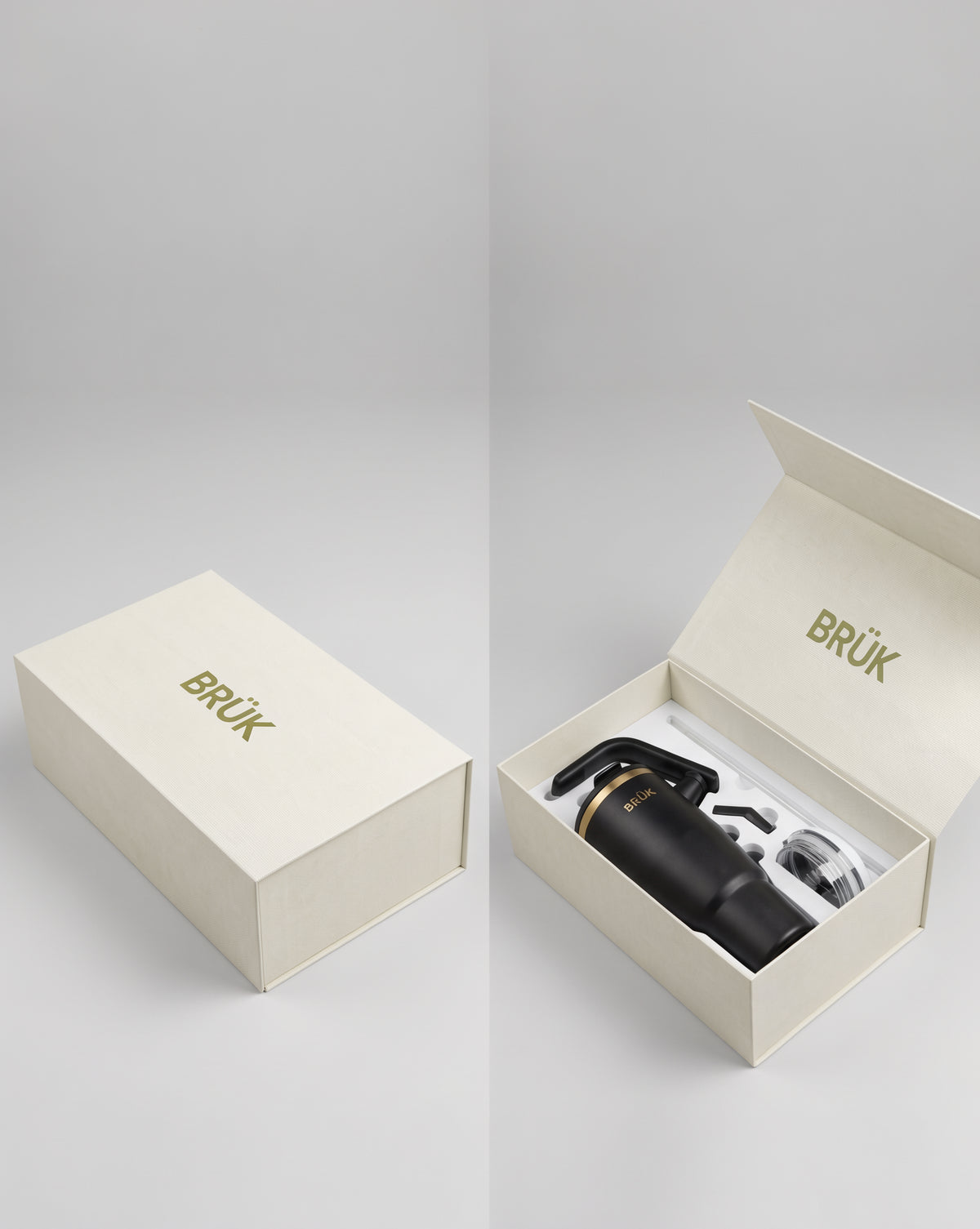 The BRÜK Signature 1.2L Tumbler in Black inside its open cream gift box, beside the matching closed box.