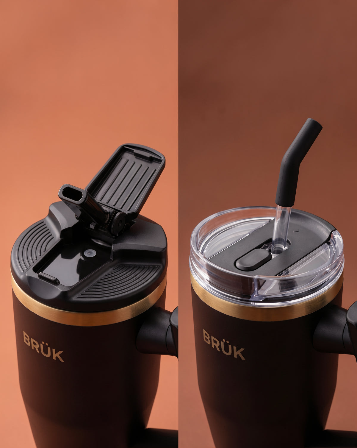 A close-up split view of a black BRÜK insulated tumbler with gold trim, showing two lid configurations against a warm brown background: a black flip-top lid on the left and a clear lid with a black straw on the right.