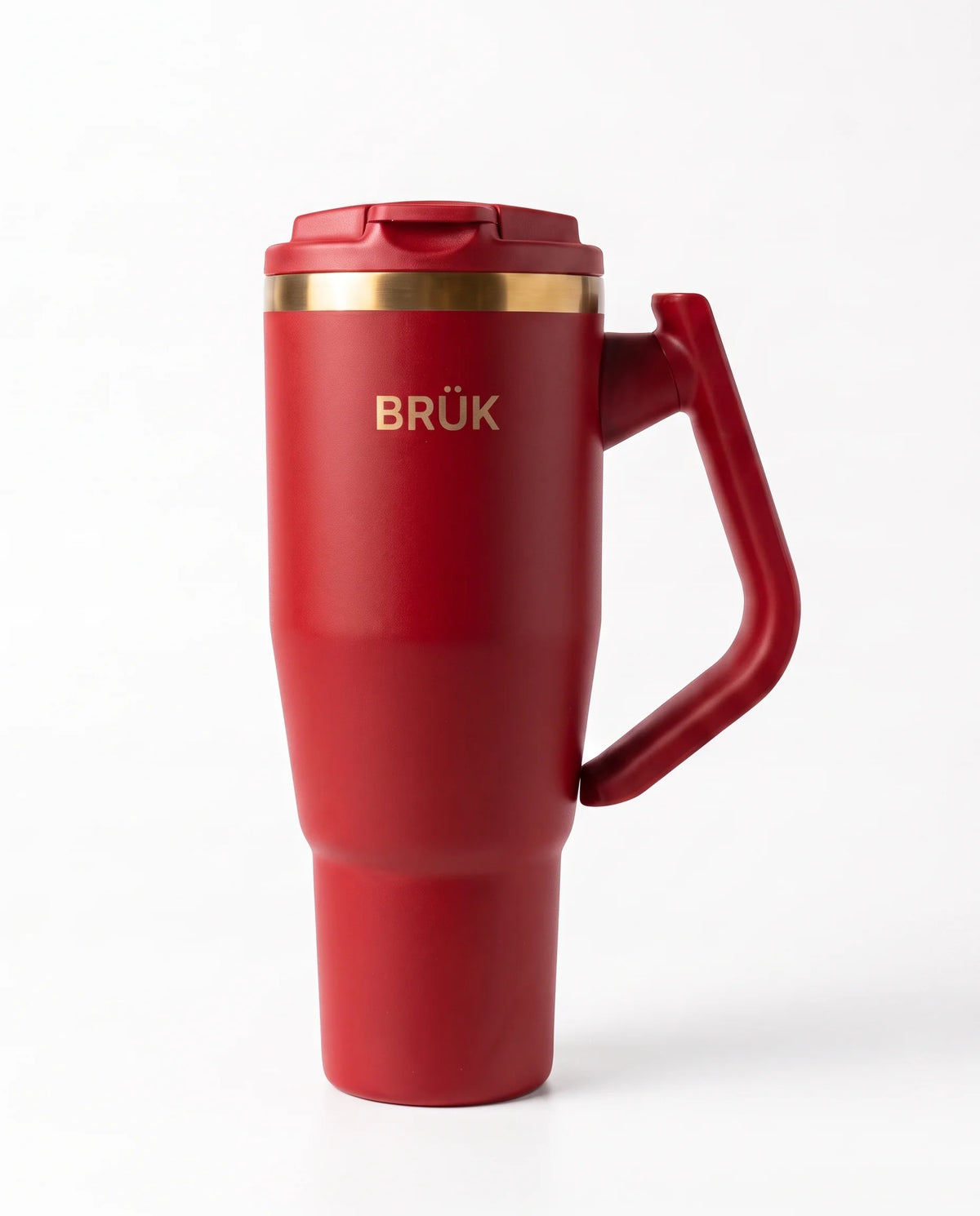 The BRÜK Signature 1.2L Tumbler in Red with the flip lid, on a white background.