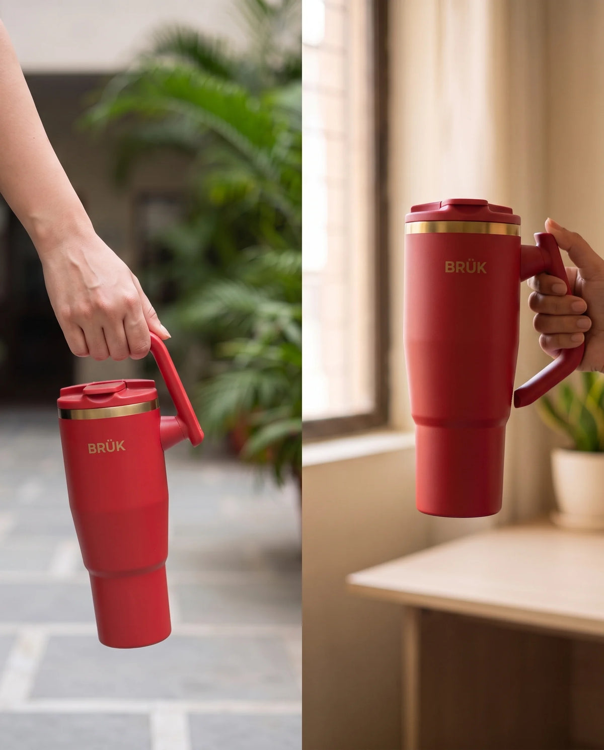 Split image of the BRÜK Signature 1.2L Tumbler in Red, carried by its handle outdoors and held indoors by a window.