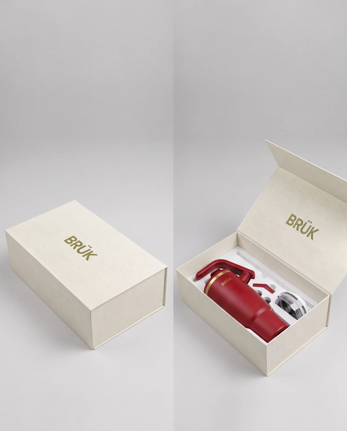 The BRÜK Signature 1.2L Tumbler in Red inside its open BRÜK gift box, beside the matching closed box.