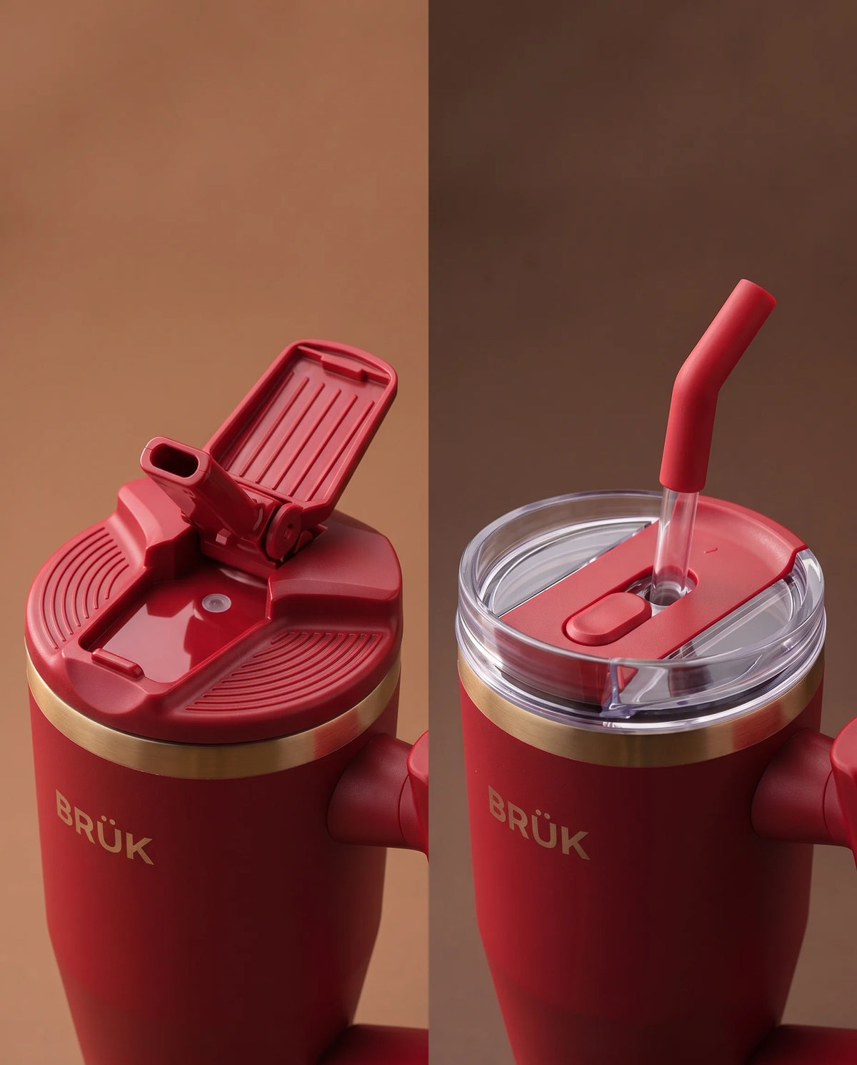 A close-up of the BRÜK Signature 1.2L Tumbler in Red showing the flip lid and the clear straw lid.