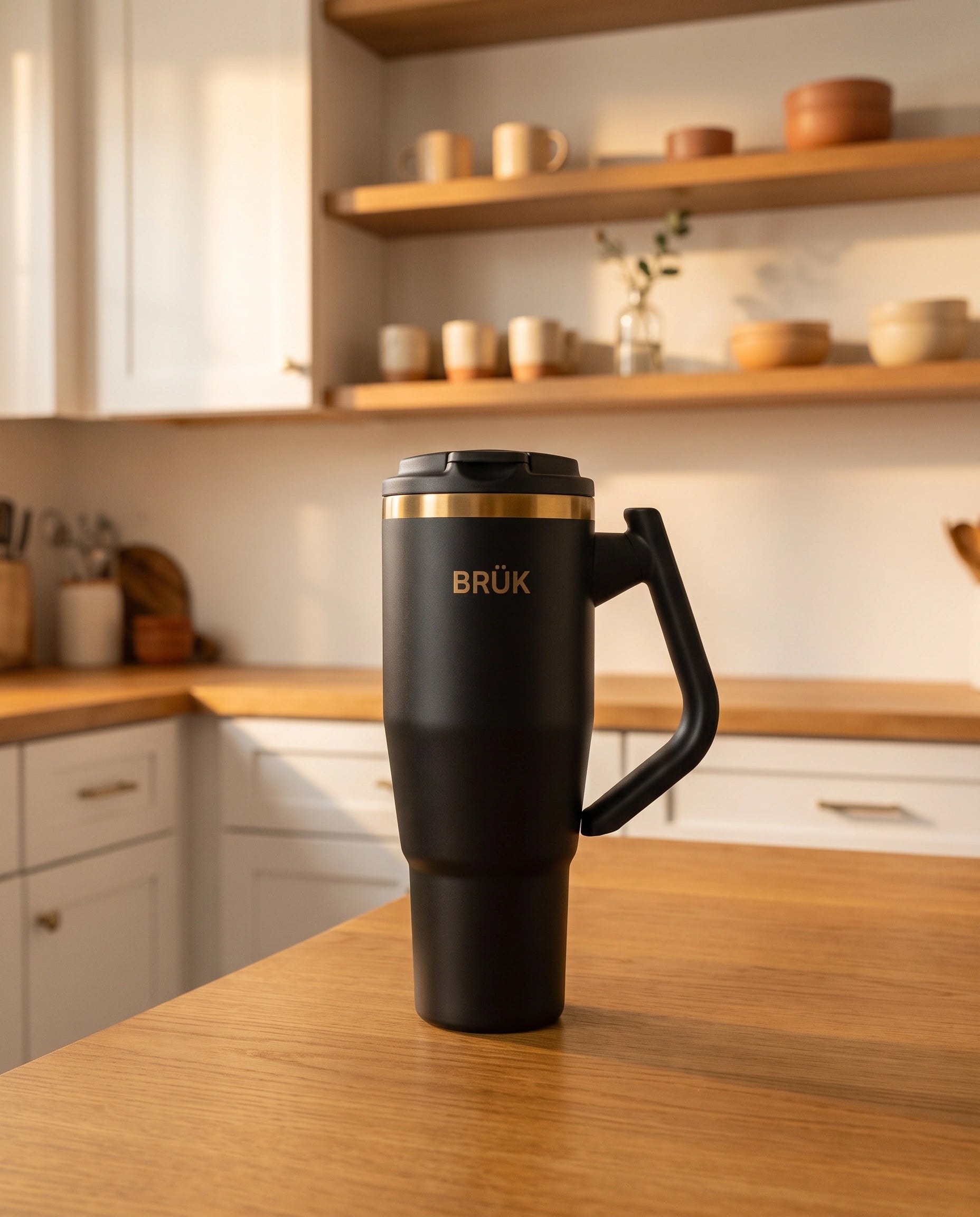A matte black insulated travel tumbler with a handle and lid, standing on a wooden kitchen counter. The tumbler has a gold band near the lid and the brand name 'BRÜK' printed in gold.