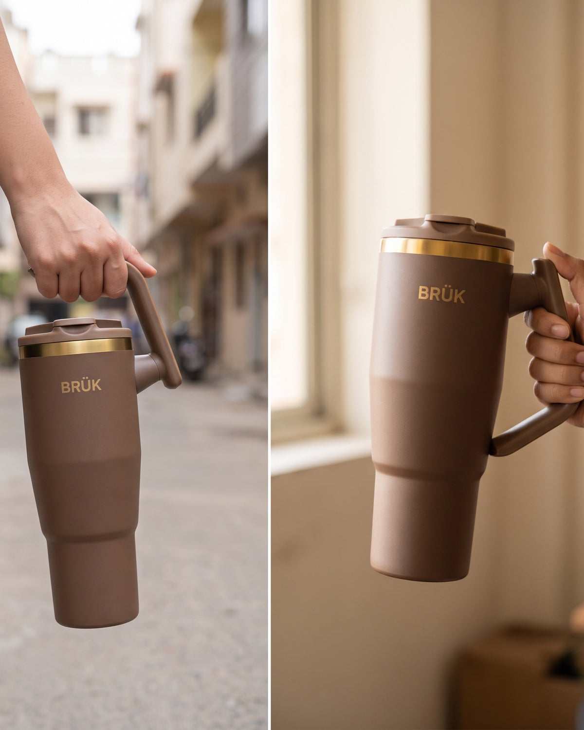 A split-screen lifestyle image showing a person's hand holding a brown BRÜK travel mug with a handle and gold trim, set against an outdoor street background on the left and a warm indoor setting on the right.