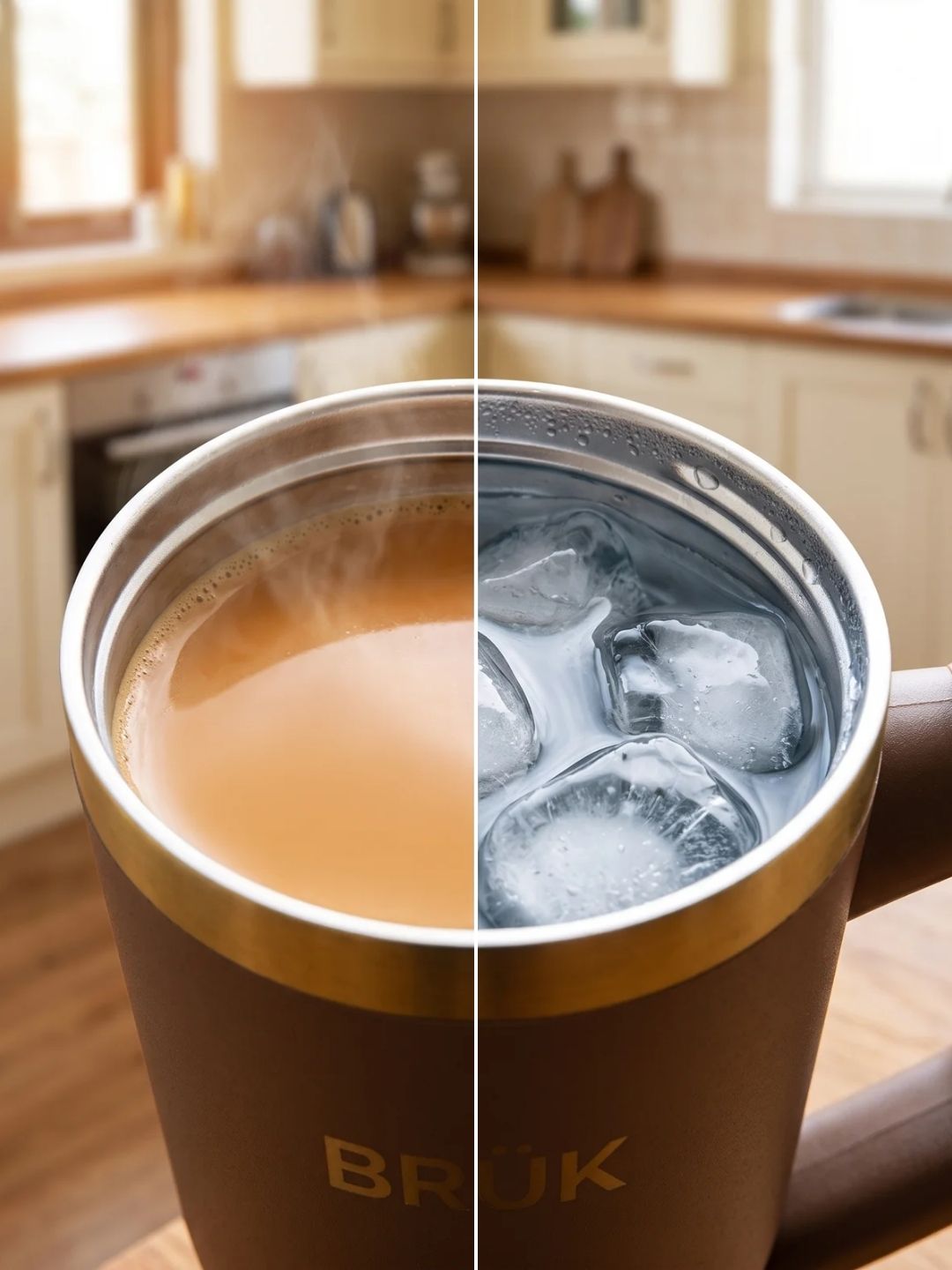A close-up of a brown insulated travel mug with a gold rim and the word BRÜK printed on the front, shown split down the middle: the left half contains a warm tan drink with steam, and the right half contains ice cubes. The background is a softly blurred kitchen interior.